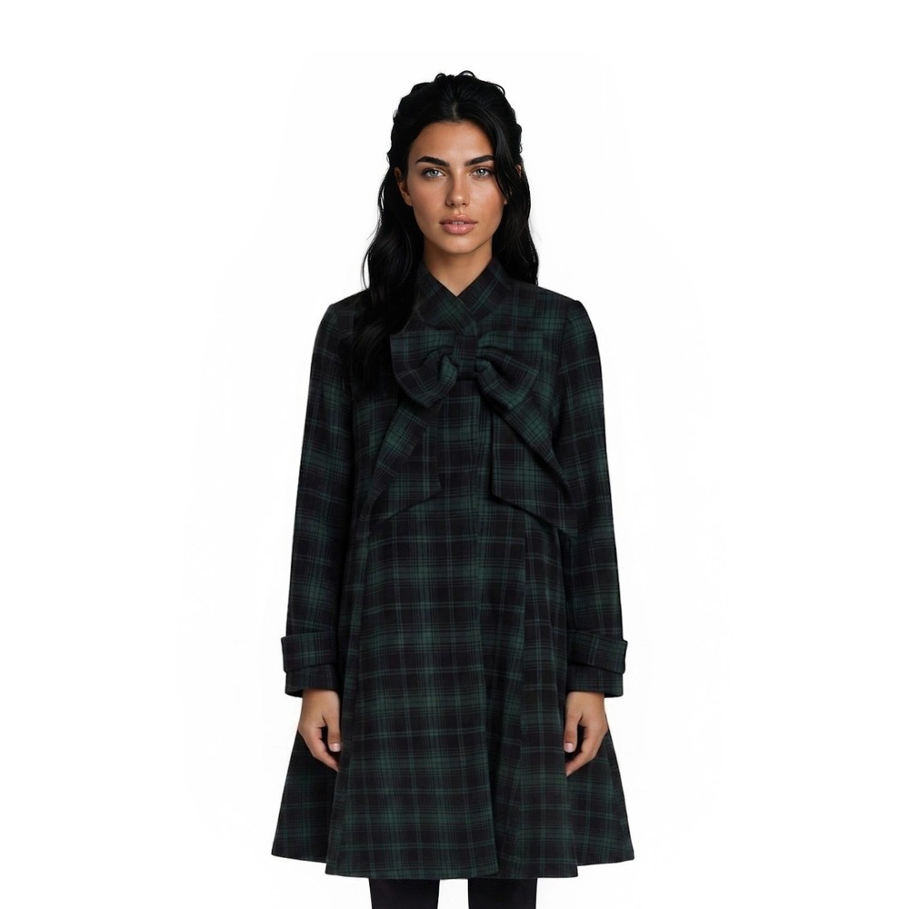 NEW Chicwish Blackwatch Green Plaid Coat Women's Size XL Wool Blend Bow Walking